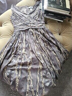 Spiegel 100% Silk Chain Link Camo Print Ruched Midi Dress Taupe Brown Size 2
